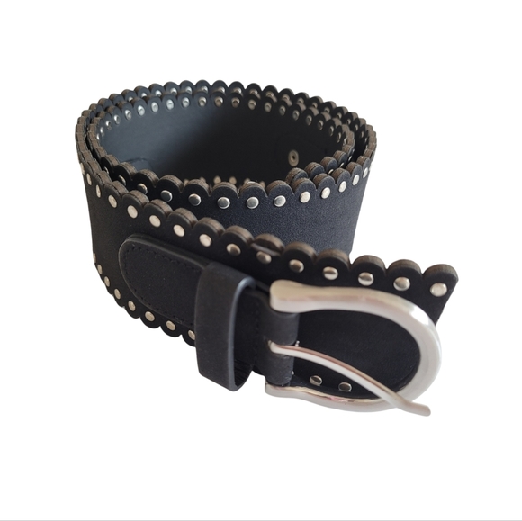 TAHARI Scallop Hem Stud Black & Silver Stud Accent Belt - Picture 1 of 10